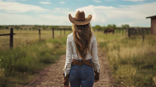 Young woman in cowboy hat and jeans walking on a country road.