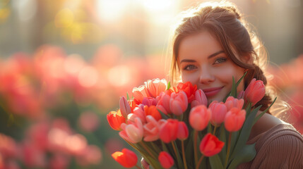 woman in the park with tulip flowers, Mother day concept, mother day background - obrazy, fototapety, plakaty