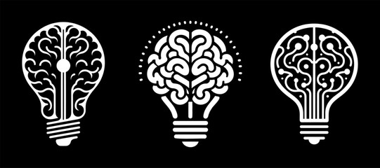 Set of a lightbulb with human brain, innovation symbol, creative thinking, idea concept, vector illustration. - obrazy, fototapety, plakaty