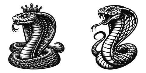 Set of king cobra, snake black silhouette, tribal tattoo design, vector illustration.