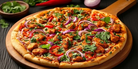 Tasty pizza with butter chicken and toppings of red pepper, red onion and cilantro, Generative AI 