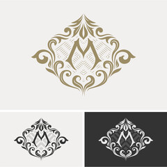 luxury monogram logo, ornament, retro style, letter m, label design, banner or packaging
