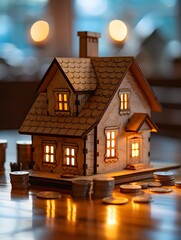 A detailed miniature house model next to a coin holder filled with coins of various denominations symbolizes financial resources and savings - obrazy, fototapety, plakaty