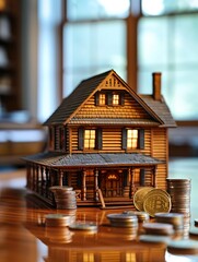 A detailed miniature house model next to a coin holder filled with coins of various denominations symbolizes financial resources and savings - obrazy, fototapety, plakaty