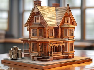 A detailed miniature house model next to a coin holder filled with coins of various denominations symbolizes financial resources and savings - obrazy, fototapety, plakaty