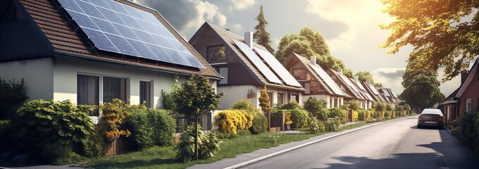 housing ideas with solar panels on the roof of the house. with a renewable solar cell system. ecology and green energy, green city, save protection world concept - obrazy, fototapety, plakaty
