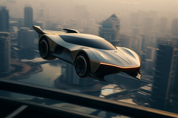 Advertising style concept sci-fi vehicle flying with the city as backdrop - GENERATIVE AI	

