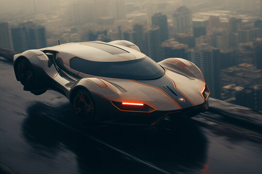 Advertising style concept sci-fi vehicle flying with the city as backdrop - GENERATIVE AI	
