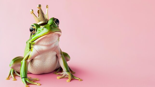 A vibrant green frog wearing a crown on pastel pink background, happy leap day, leap year concept