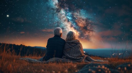 An elderly couple sits under a blanket surrounded by the peaceful sounds of nature as they bond over their shared love for stargazing and the mysteries of the universe.