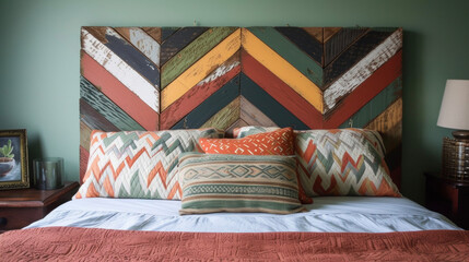 An image of a DIY headboard made out of reclaimed wood and painted with a fun design offering an affordable and creative way to update a bedroom.