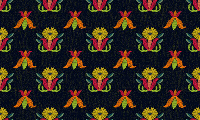 Floral paisley embroidery on black background.Ikat ethnic oriental pattern traditional. Ethnic pattern style. Design for ikat, blanket, fabric, clothing, carpet, textile, ethnic, batik, embroidery.