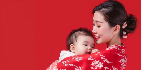 Happy mother hugging her adorable baby on red background. Happy mother day with copy space, Loving mom carying her newborn baby