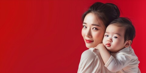 Happy mother hugging her adorable baby on red background. Happy mother day with copy space, Loving mom carying her newborn baby