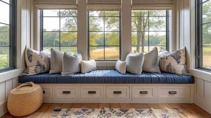 A charming window seat nook complete with custom trim work and builtin storage providing the perfect spot for relaxation and reading. - obrazy, fototapety, plakaty
