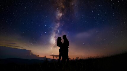 Obraz na płótnie Canvas Couple Embracing Under Starry Sky AI Generated.