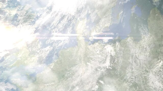 Earth zoom in from space and focus on Itzehoe, Germany. 3D Animation. Satellite view. Background for travel intro. Images from NASA.