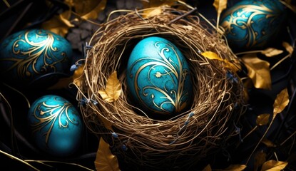 Opulent turquoise Easter eggs with gold filigree patterns lying in a nest of twigs surrounded by...