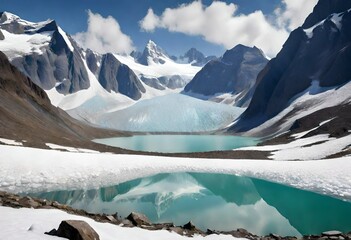 Glacial lake with snow covered peaks in the background 