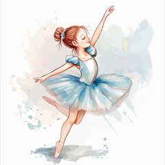 ballet dancer in blue dress watercolor white background	
