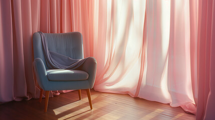 Stylish Gray Armchair Against Sunlit Pink Curtains
