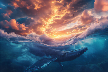 sunset over the sea with whale under water - obrazy, fototapety, plakaty