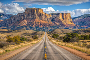 Empty road through southwestern desert buttes landscape, background - obrazy, fototapety, plakaty