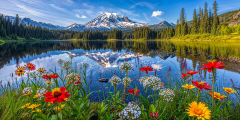 Beautiful northwestern mountains and fir trees forest landscape with lake reflection and wildflowers, wide, background - Powered by Adobe