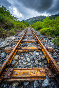 Empty rusted old train tracks in overcast landscape, horizon vanishing point, vertical, background