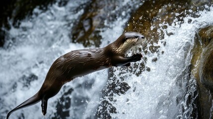Otter's Thrilling Slide down Waterfall AI Generated.