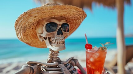 A skeleton holding a drink on the beach with sunglasses, AI - 735611997