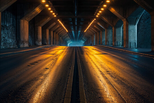 Empty asphalt road through underground tunnel subway, background