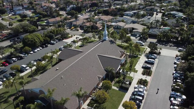 Aerial Video of LDS Mormon Church Building, Oceanside, California. The Church of Jesus Christ of Latter-day Saints, LDS, Mormon Church. International Christian religion