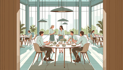 Concept of a lunch meeting in an office cafeteria.  Vector illustration.