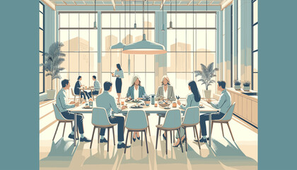 Concept of a lunch meeting in an office cafeteria.  Vector illustration.