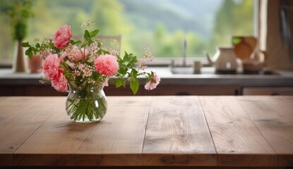 Fototapeta premium Bouquet of wildflowers in a glass vase on a wooden table