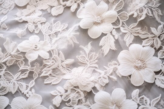 Elegant White Lace Fabric with Delicate Floral Patterns and Pearlescent Beadwork © KirKam