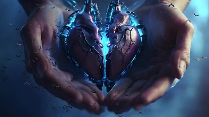 Neon glowing broken heart with splashes of color. Health background