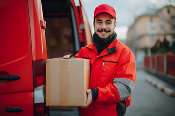 Smiling delivery man holding package