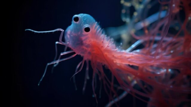 An of a tiny sea creature, such as a plankton or krill, ingesting a piece of microplastic, shedding light on the widespread problem of plastic ingestion and bioaccumulation in marine