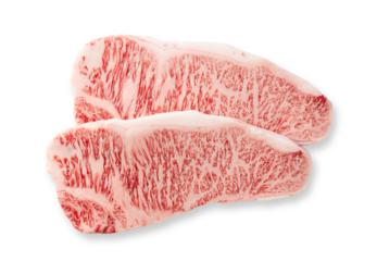 Fresh raw beef steaks set against a white background. Wagyu beef steak.