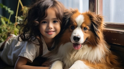 Beautiful little Boy with Dogs in open windows view 