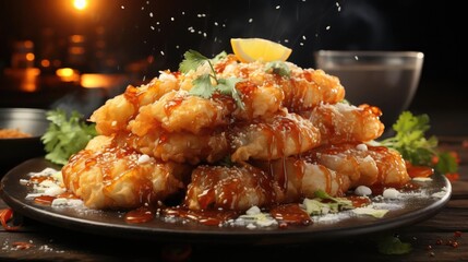 Fototapeta premium Delicious crispy tempura on a plate with blur background