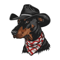 doberman dog Head wearing cowboy hat and bandana around neck