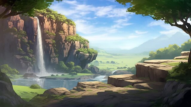 Animated illustration of a waterfall with a natural scenery background. Digital painting or cartoon anime style, animated background. 4k loop background.