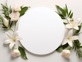 Naklejka na ściany i meble Round frame blank white lilie assorted flowers on bright background. Valentine's day-mother's day. greeting card. presentation. advertisement. copy text space.