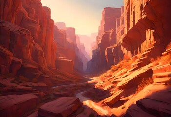 A canyon aglow with the warm colours of sunrise  - obrazy, fototapety, plakaty