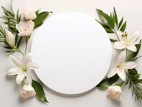 Round frame blank white lilie assorted flowers on bright background. Valentine's day-mother's day. greeting card. presentation. advertisement. copy text space.
