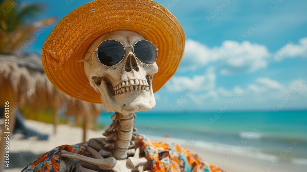 Canvas Prints a skeleton wearing a straw hat and sunglasses on the beach, ai