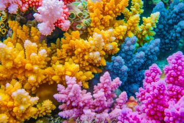 Fototapeta na wymiar closeup of great barrier reef colorful corals. Generative AI
